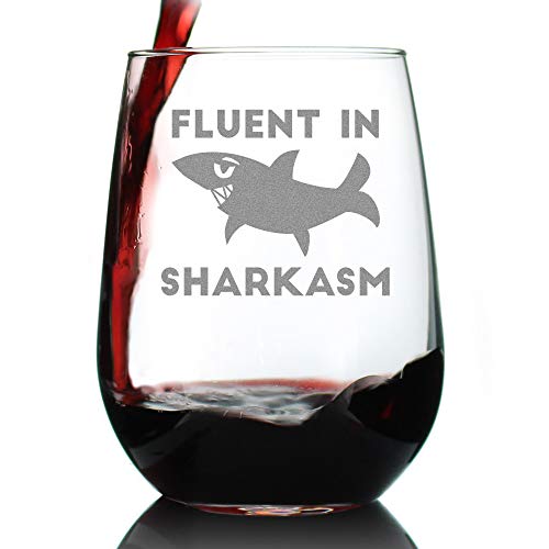 Product Cover Fluent in Sharkasm - Shark Stemless Wine Glass Gifts for Sarcastic Mom or Dad Joke Experts - Funny Glasses with Sayings for Drinking - Large 17 Ounce