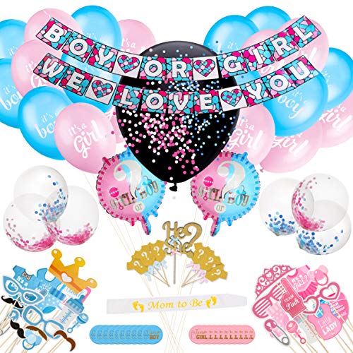 Product Cover Flaminca Premium Gender Reveal Party Supplies (111 Pieces) Baby Gender Reveal Decorations Kit and Ideas, Boy or Girl Banner, Foil Balloons, Confetti, Photo Booth Props, Cupcake Toppers, Stickers, Sash
