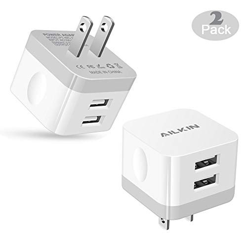 Product Cover 2Pack USB Wall Charger Plug, AILKIN 2.4A Dual Port USB Adapter Power Cube Fast Charging Station Box Base Replacement for iPhone XR XS MAX X/8/7, iPad, Samsung, LG, Pixel Phones USB Charge Block-White