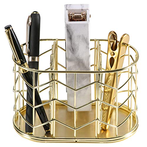 Product Cover Pen Holder, Nugorise 3 Compartment Metal Pencil Holder, Decorative Desk Storage Organizer Container for Stationery and Desk Accessories, Gold