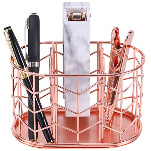 Product Cover Pen Holder, Nugorise 3 Compartment Metal Pencil Holder, Decorative Desk Storage Organizer Container for Stationery and Desk Accessories, Rose Gold