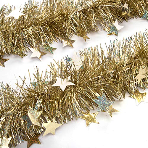 Product Cover ARCCI Gold Christmas Tinsel Garland Star Sparkly Hanging, 3PCS x 6.6ft Classic Thick Colorful Reflections Shiny Sparkly Soft Party Hanging Tinsel Ornaments Ceiling Xmas Tree Decorations, 3.5 inch Wide