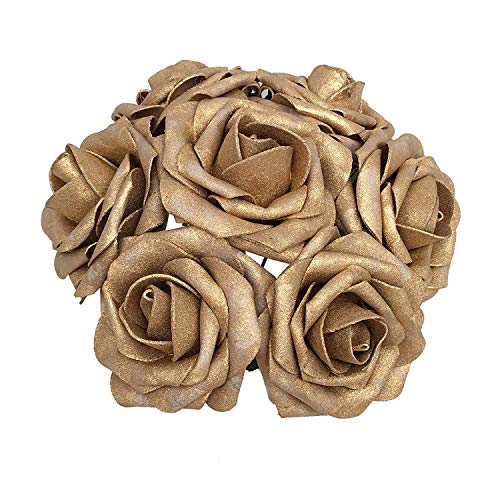 Product Cover Breeze Talk Artificial Flowers Blush Roses 25pcs Realistic Fake Roses w/Stem for DIY Bouquets Centerpieces Arrangements Party Baby Shower Home Decorations (25pcs Gold)