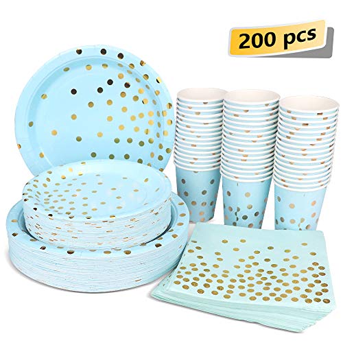 Product Cover Blue and Gold Party Supplies - 200PCS Disposable Blue Paper Plates Dinnerware Set Gold Dots 50 Dinner Plates 50 Dessert Plates 50 9oz Cups 50 Napkins Wedding Birthday Party Baby Shower Christmas