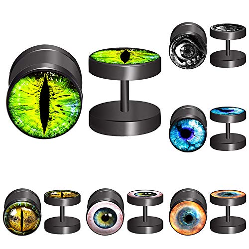 Product Cover FLYUN 6Pairs 10MM Eyeball Black Screw Stud Earrings for Men Women Steel Cheater Fake Ear Plugs Gauges Illusion Tunnel