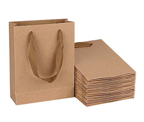 Product Cover Sdootjewelry Brown Kraft Paper Gift Bags with Handles, 50 Pcs Paper Shopping Tote Bag, 5.9 x 2.4 x 7.9'' Brown Matte Craft Retail Bags for Gifts, Party, Baby Shower, Birthday, Weddings and Holidays