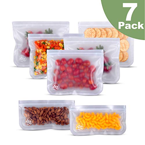 Product Cover Greenzla Reusable Storage Bags (7-Pack) -FDA Grade PEVA Reusable Ziplock Lunch Bags - EXTRA THICK Freezer Safe Sandwich Bags For Food and Kitchen Organization - BPA FREE Snack Bags - 5 Large & 2 Small