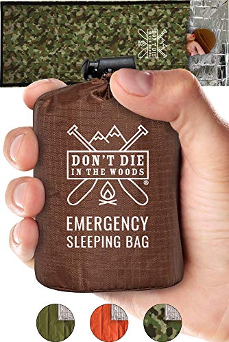 Product Cover Emergency Sleeping Bag With Hood | Ultralight, Waterproof, Thermal Mylar Sleeping Bag Liner | Survival Bivy Space Blanket Bivey For Hiking, Camping, Military, Prepper Kits, Hunting, Survival Gear Camo