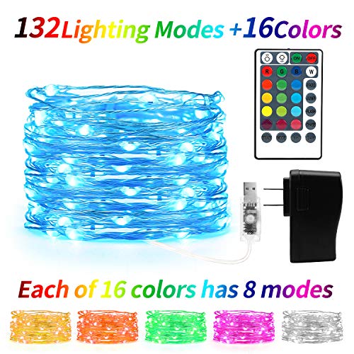 Product Cover Kaulsoue 132 Lighting Modes 16 Colored Led Fairy Lights Color Changing, 33ft 100 Led Twinkle String Lights Plug in USB Powered with Adapter, Remote with Timer,for Bedroom Indoor Christmas