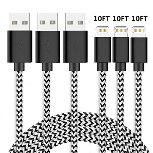 Product Cover iPhone Charger Cable SHARLLEN Lightning Cable Mfi Certified 3Pack 10FT Nylon Braided Fast Long iPhone Charging Cord Compatible iPhone XS/Max/XR/X/8/8Plus/7/7P/6S/iPad/iPod/IOS More (Black)