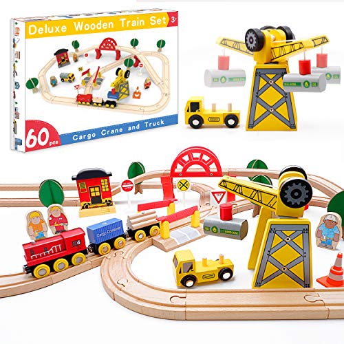 Product Cover Crane Train Set- 60 Pcs Wooden Track & Exclusive Crane & Trains- Fits Thomas, Chuggington, Melissa- Gift Packed Toy Railway Kits- Kids Friendly Building Toy for 3+ Years Old Girls & Boys