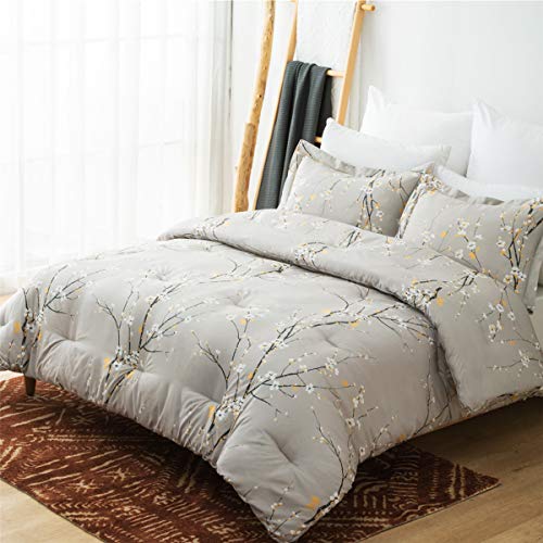 Product Cover Bedsure Comforter Set Full/Queen Size - Down Alternative Comforter, Microfiber Duvet Sets - 3-Piece (1 Comforter + 2 Pillow Shams), Plum Blossom Pattern, Grey