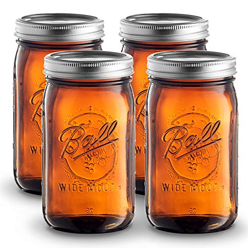 Product Cover Ball Amber Glass Wide Mouth Mason Jars (32 oz/ Quart ) 4 Pack. With Airtight lids and Bands - Amber Canning Jar - UV light Protection - Microwave & Dishwasher Safe. + SEWANTA Jar Opener