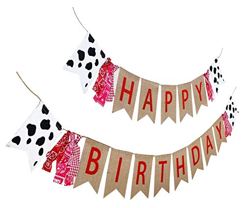 Product Cover Farm Theme Birthday Banner, Burlap Barn Party Sign, Cow Print Fabric Happy Bday Banner Decorations