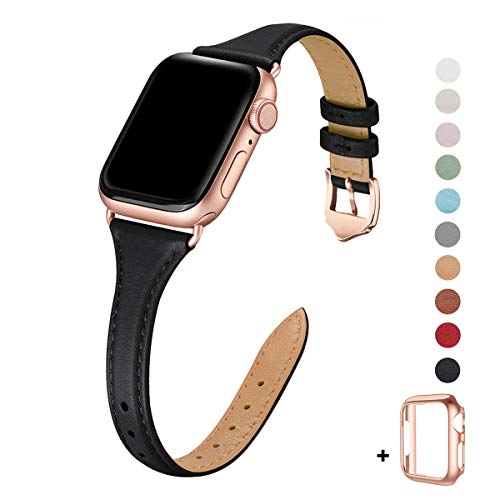 Product Cover WFEAGL Leather Bands Compatible with Apple Watch 38mm 40mm 42mm 44mm, Top Grain Leather Band Slim & Thin Wristband for iWatch Series 5 & Series 4/3/2/1 (Black Band+Rose Gold Adapter, 38mm 40mm)