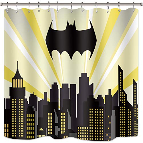 Product Cover Riyidecor Superhero Batman Cityscape Shower Curtain Panel Night Buildings Scene City Cartoon Skyline Movie Kid Home Bathroom Decor Fabric Polyester Waterproof 72x72 Inch Include 12 Pack Plastic Hooks