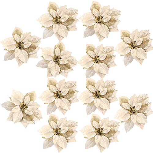 Product Cover FUNARTY 16pcs Poinsettia Christmas Tree Ornaments 7.8 Inches Artificial Glitter Christmas Flowers for Christmas Tree Wreath Decorations (Gold)