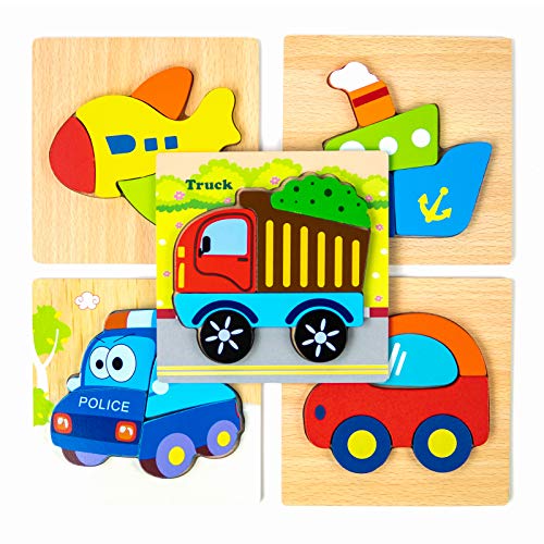 Product Cover BHAPPY Wooden Jigsaw Puzzles Vehicle Patterns for Toddlers Kids 1 2 3 Years Old Gift for Boys and Girls, 5 pcs Truck Plane Boat Police Car