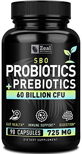 Product Cover Probiotics and Prebiotics + SBO Probiotics (60 Billion CFU | 90 Capsules) Acidophilus Probiotic w. Saccharomyces Boulardii, Bifidobacterium + Spore Probiotic & Organic Sprouted Prebiotic Fiber Blend