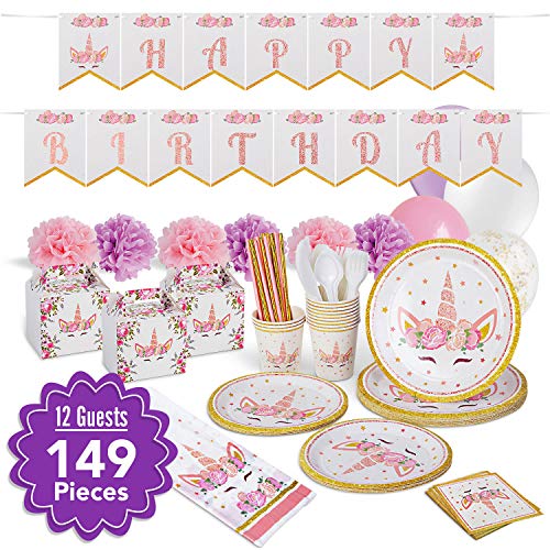 Product Cover Unicorn Party Supplies Decorations - Enjoy This Magical 149 Pieces Unicorn Birthday Decor Kit For Girls Including Cute Goody Boxes - This Fashionable Unicorn Party Decoration Supply Set Will Leave Long Lasting Memories - Unicorn Themes  Ser