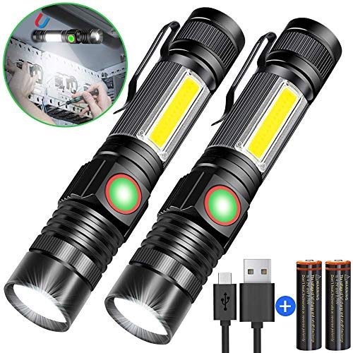 Product Cover Rechargeable Flashlight, Magnetic Flashlight（included Battery), Super Bright Pocket-Sized COB Work Light T6 LED Torch with Clip, Zoomable, Water Resistant, 4 Modes for Camping Hiking 2 Pack