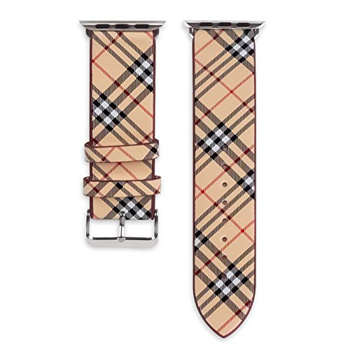 Product Cover 44mm 42mm Tartan Plaid Style Replacement Strap Wrist Band Watch Band with Silver Metal Adapter Compatible for Apple Watch Series 4 3 2 1 (Not fit for iWatch 40mm/38mm) Khaki
