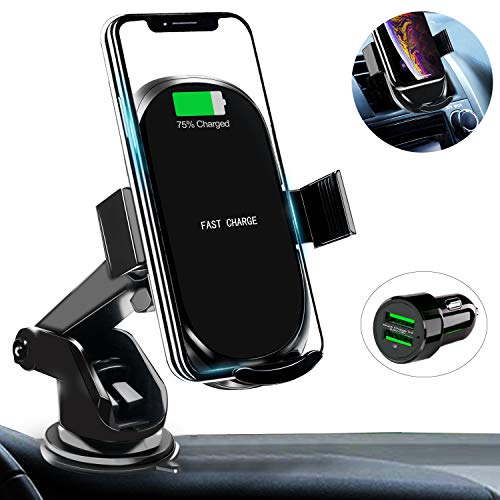 Product Cover Car Wireless Charger Mount with USB Car Charger Adapter Qi Fast Charging Car Phone Holder Compatible with iPhone Xs/Xs Max/XR/X/ 8/8 Plus Samsung Galaxy S10 /S10+/S9 /S9+ by Amerzam