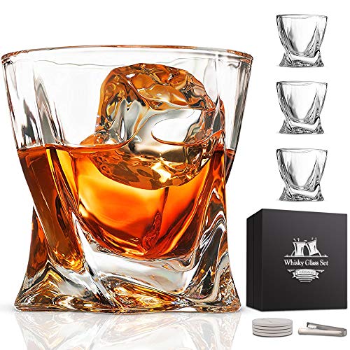 Product Cover Whiskey Glass Set of 4 - Lead-Free Crystal Clear Twist Scotch Glasses 10 oz Glassware with Luxury Gift Box & 4 Drink Coasters & 1 Ice Tong for Drinking Bourbon Malt Cognac Irish Whisky