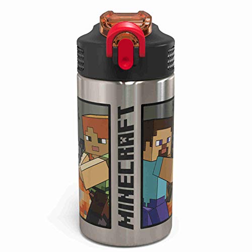 Product Cover Zak Designs Minecraft - Stainless Steel Water Bottle with One Hand Operation Action Lid and Built-in Carrying Loop, Kids Water Bottle with Straw Spout is Perfect for Kids (15.5 oz, 18/8, BPA-Free)