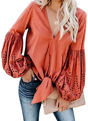 Product Cover Asvivid Womens Casual V Neck Balloon Long Sleeve Tops Hollow Out Tie Knot Loose Shirt and Blouses