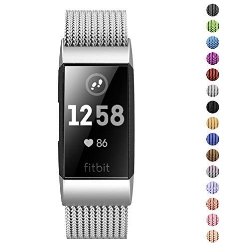 Product Cover Fitlink Stainless Steel Metal Bands for Fitbit Charge 3 and Charge 3 SE for Women Men,Multi Color Multi Size(Silver,Small(5.5''-8.5''))