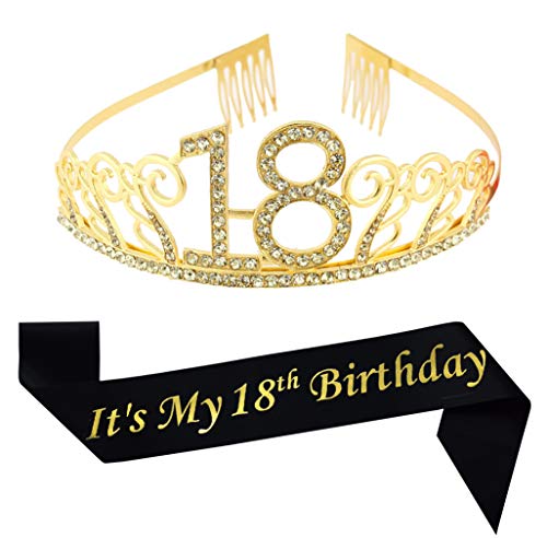 Product Cover 18th Birthday Gold Tiara and Sash Glitter Satin Sash and Crystal Rhinestone Tiara Crown for Happy 18th Birthday Party Supplies Favors Decorations Birthday Cake Topper