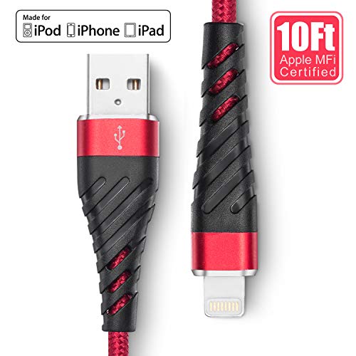 Product Cover iPhone Charger 10 ft, [Apple MFi Certified] Lightning Cable 10 Foot,Long Durable Braided 10 feet Nylon Metal Connector Charger Cord Compatible with iPhone X/XS Max/XR/8 Plus/7/6/5/SE, iPad, Red