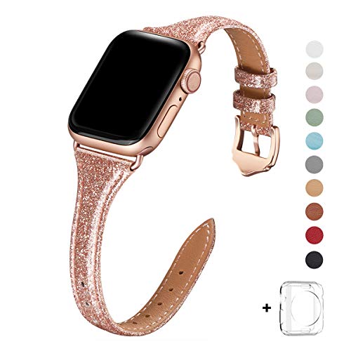 Product Cover WFEAGL Leather Bands Compatible with Apple Watch 38mm 40mm 42mm 44mm, Top Grain Leather Band Slim & Thin Wristband for iWatch Series 5 & Series 4/3/2/1 (Rosegold(Glistening) Band+Rose Gold Adapter)