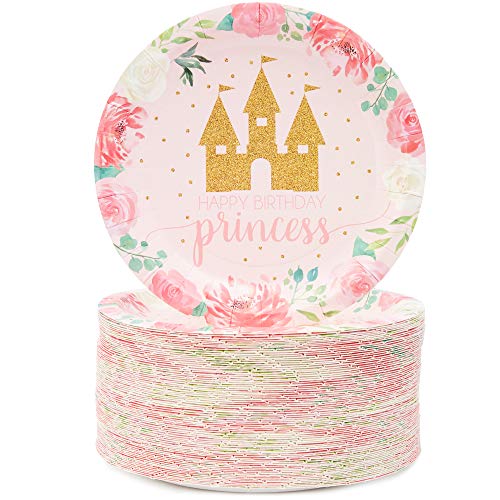 Product Cover Blue Panda Princess Castle Birthday Paper Party Plates (80 Pack) 7 Inches, Pink