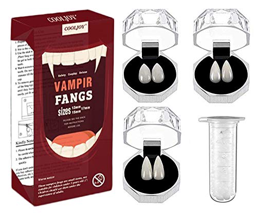 Product Cover COOLJOY 3 Sizes Vampire Fangs Teeth with Adhesive Halloween Party Cosplay Props White Horror False Teeth Props Party Favors Dress Up Accessories