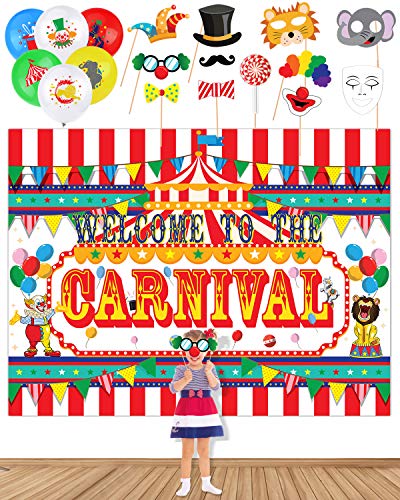 Product Cover Circus Carnival Banner Backdrop,20 Carnival Balloons 11 Carnival Photo Booth Props For Circus Carnival Party Supplies Decorations