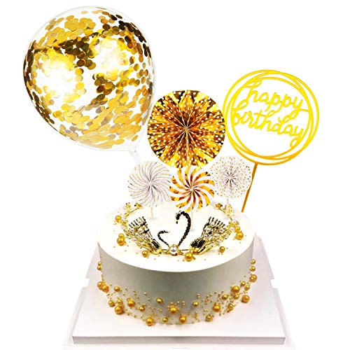 Product Cover Parballoonia Cake Topper Happy Birthday Cake Topper Confetti Balloon Fan Cake Toppers Birthday Cake Decoration Supplies(6 Pieces)