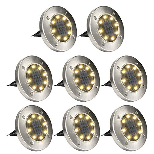 Product Cover GIGALUMI 8 Pack Solar Ground Lights, 8 LED Solar Powered Disk Lights Outdoor Waterproof Garden Landscape Lighting for Yard Deck Lawn Patio Pathway Walkway (Warm White)