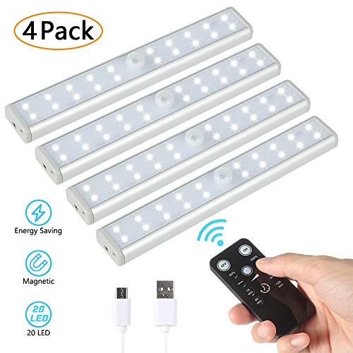 Product Cover LUNSY 20LED Under Cabinet Counter Lighting Rechargeable 4Pack, Wireless Closet Wardrobe Shelf Lights for Kitchen- Sliver