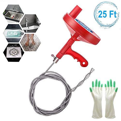 Product Cover Plumbing Snake Drain Snake 25 Ft, Professional Sink Snake Drain Auger for Removing Sink Clog, Heavy Duty Pipe Clog Cleaner to Snake Drain for Bathtub Drain, Kitchen Sink, Sewer, Comes with Gloves