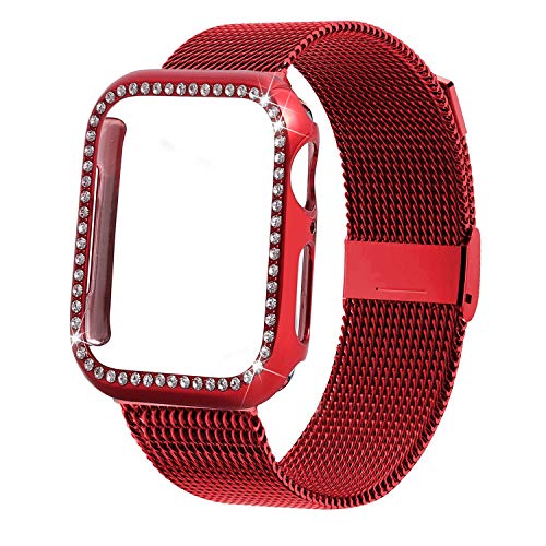 Product Cover INTENY Compatible for Apple Watch Band 42MM with Bling Screen Protector, Women Stainless Steel Mesh Strap with Protective Crystal Diamond Case Compatible for iWatch Series 4/3/2/1 (Red, 42mm)