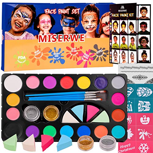 Product Cover Miserwe Safe Non-Toxic Face Painting Kit-18 Colors,40 Stencils,1 Silver Sticker,2 Glitter Powder,4 Brushes, 4 Sponge Kit Professional Washable Body & Face Painting Kits for Kids Adult