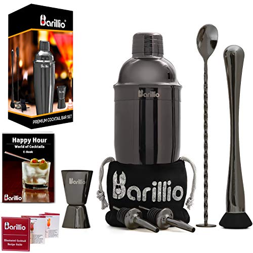 Product Cover Black Cocktail Shaker Set Bartender Kit by BARILLIO: 24 oz Stainless Steel Martini Mixer, Muddler, Mixing Spoon, jigger, 2 liquor pourers, Velvet Bag, Recipes Booklet & eBook