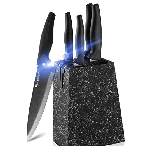 Product Cover Wanbasion Marbling Black Kitchen Knife Set Block, Kitchen Knife Set Block Wood, Professional Kitchen Knife Set Block with Knife Sharpener