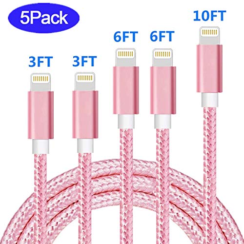 Product Cover Sharllen iPhone Charger MFi Certified Lightning Cable 3/3/6/6/10FT 5Pack Nylon Braided USB Fast iPhone Charging Cable&Syncing Long Cord Compatible iPhoneXs/Max/XR/X/8/8P/7/7P/6/5/iPad/iPod (Rose Gold)