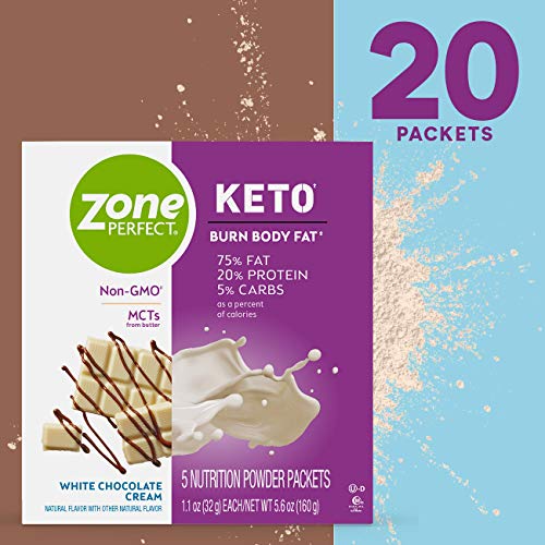 Product Cover ZonePerfect Keto Powder, True Keto Macros, Made with MCTs, White Chocolate Cream, 1.1 Oz, Pack of 20