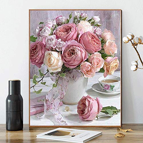 Product Cover Kimily DIY Paint by Numbers for Adults Kids Pink Rose Paint by Numbers DIY Painting Roses Acrylic Paint by Numbers Painting Kit Home Wall Living Room Bedroom Decoration Pink Rose Flowers in Vase