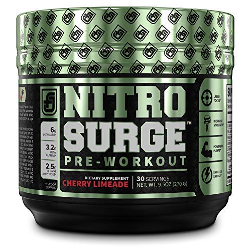 Product Cover NITROSURGE Pre Workout Supplement - Endless Energy, Instant Strength Gains, Clear Focus, Intense Pumps - Nitric Oxide Booster & Powerful Preworkout Energy Powder - 30 Servings, Cherry Limeade
