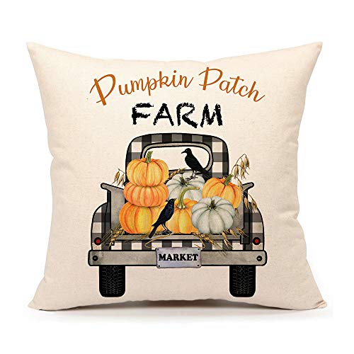 Product Cover 4TH Emotion Fall Pumpkin Patch Truck Throw Pillow Cover Autumn Farmhouse Market Cushion Case for Sofa Couch 18x18 Inches Cotton Linen